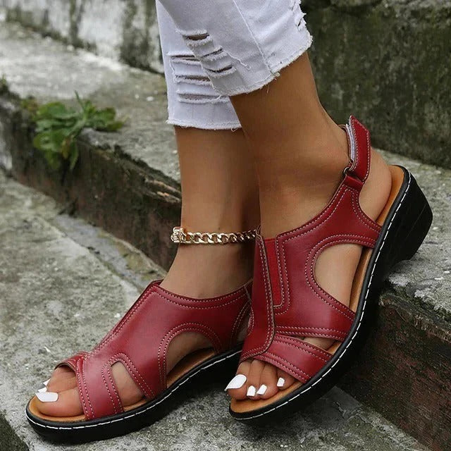 Women's Leather Wedge Sandals with Cushioned Footbed and Adjustable Straps, Non-Slip Sole