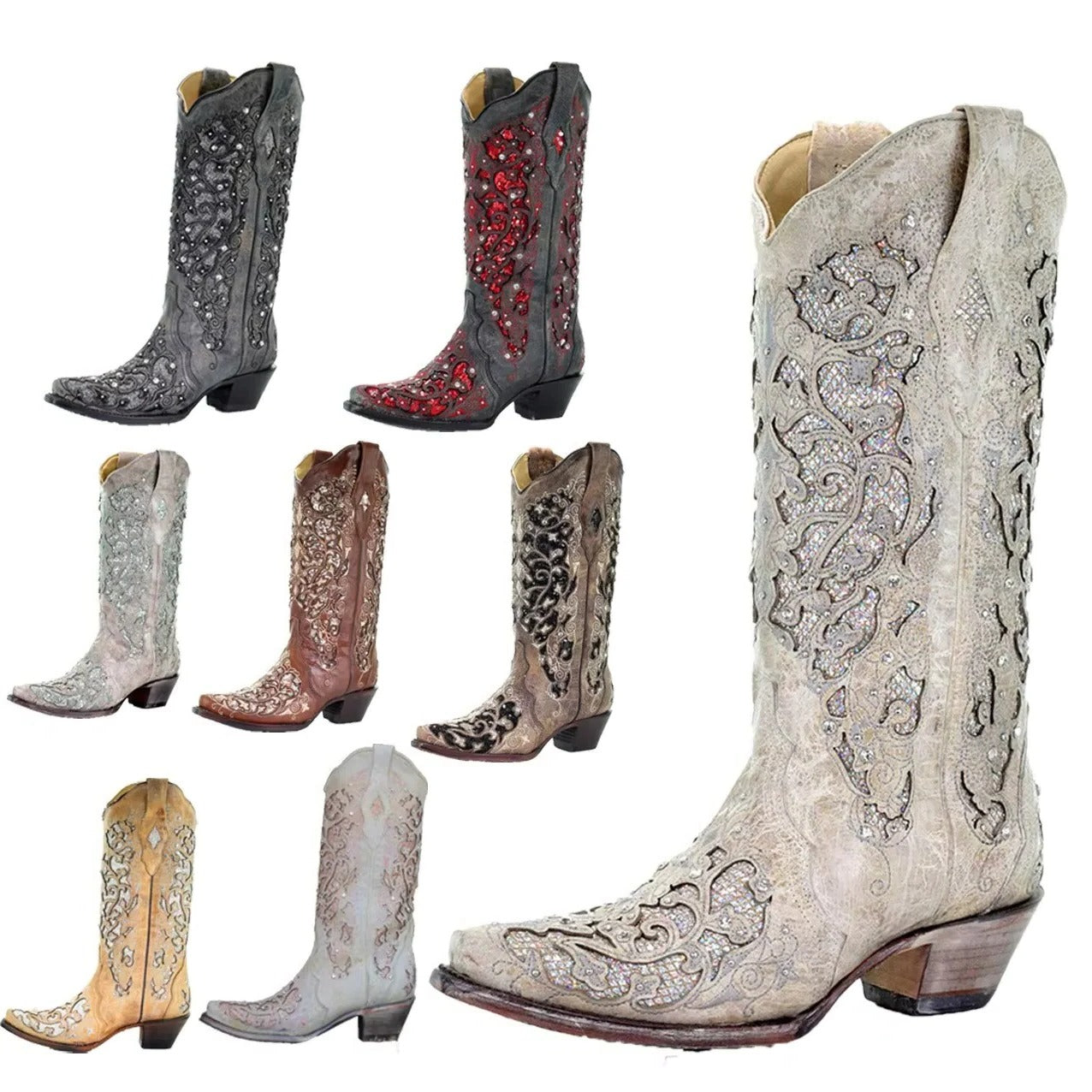 Women's Knee High Boots with Sequined Embroidery and Pointed Toe, Block Heel