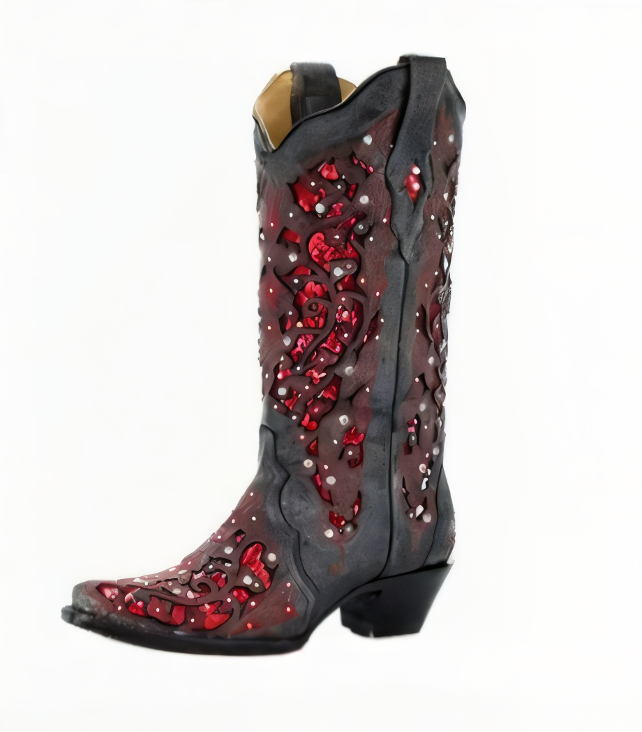 Women's Knee High Boots with Sequined Embroidery and Pointed Toe, Block Heel