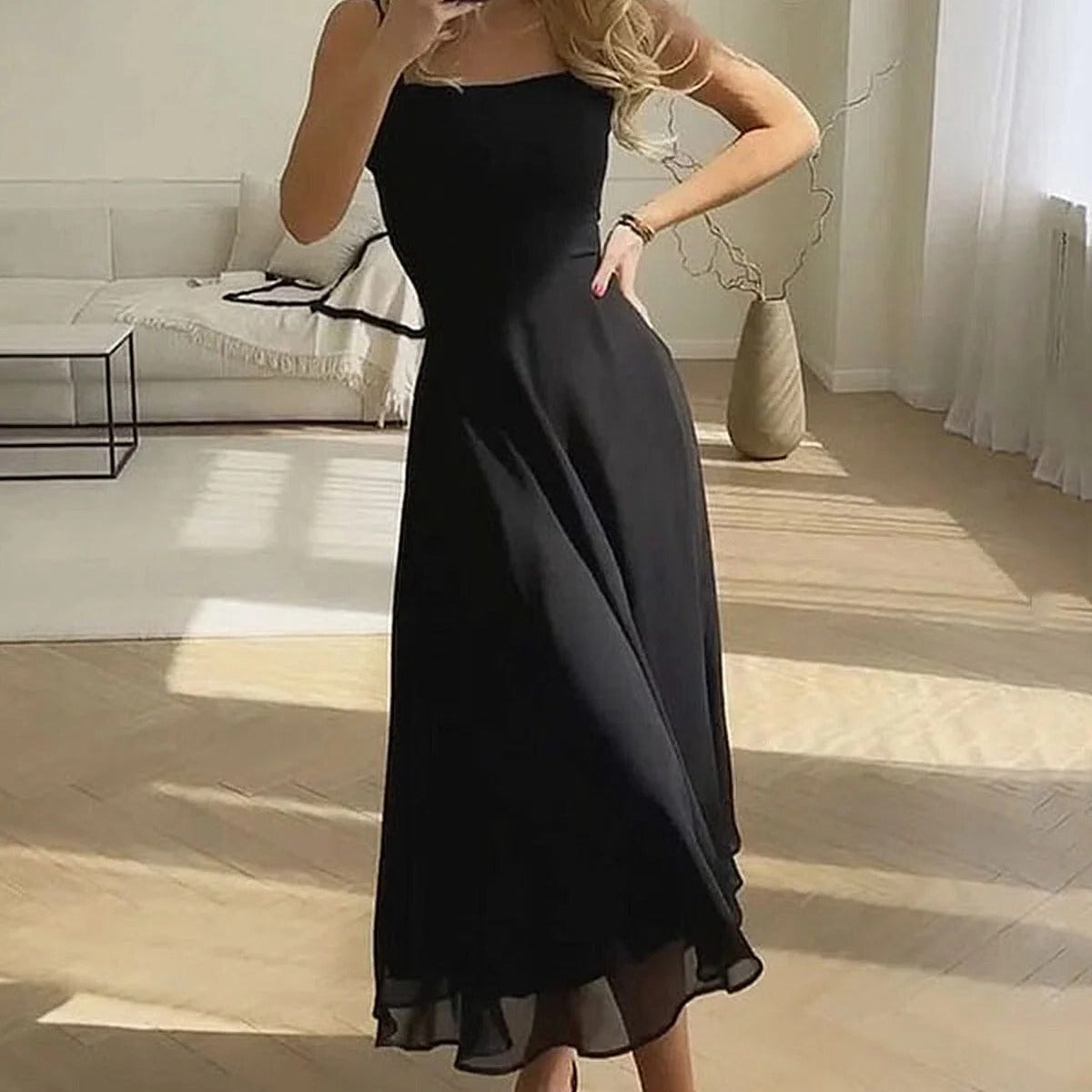 Women's Midi Dress with Square Neckline and Fitted Bodice, A-Line Skirt