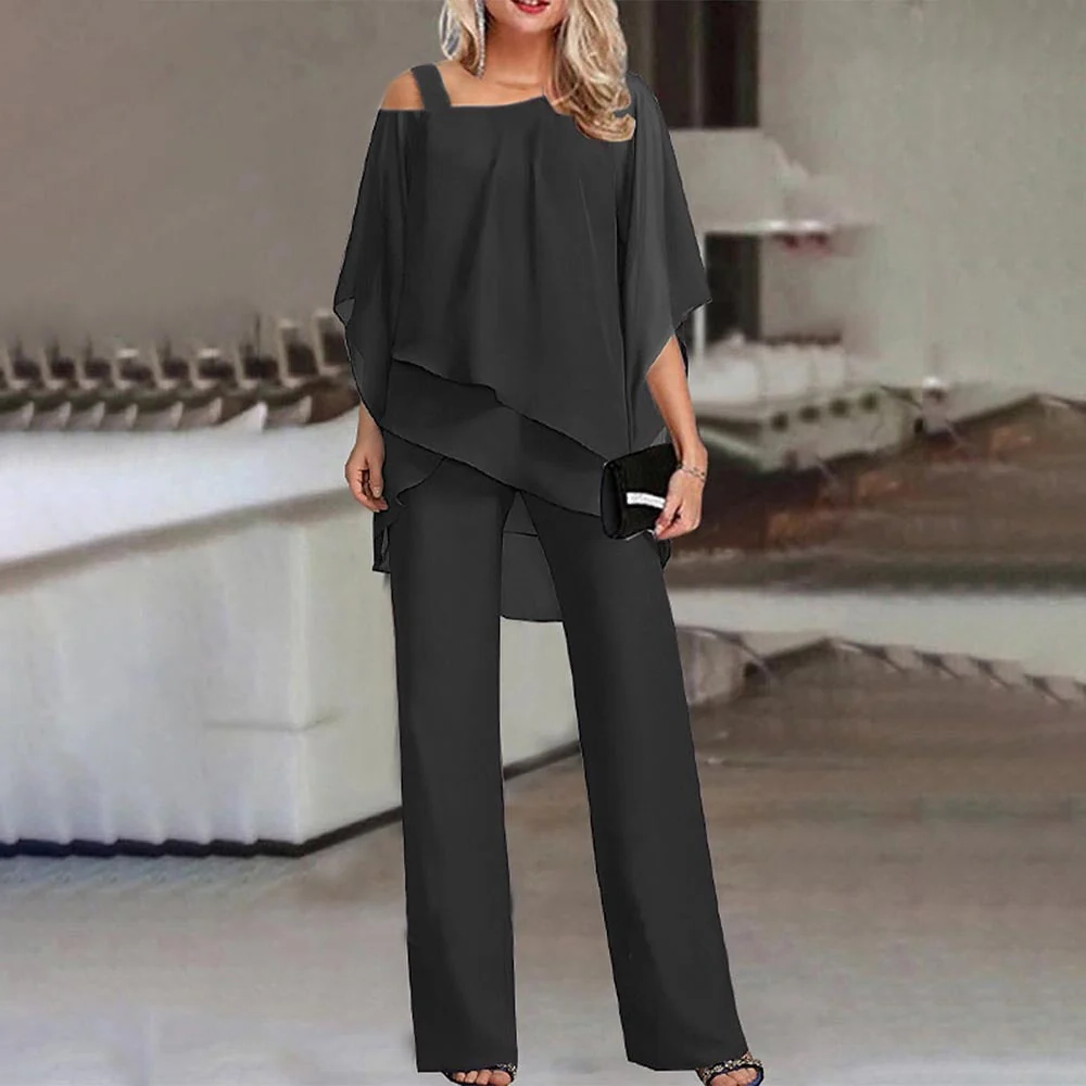 Women's Cold Shoulder Suit with Straight Leg Trousers and Wrinkle Resistant Fabric