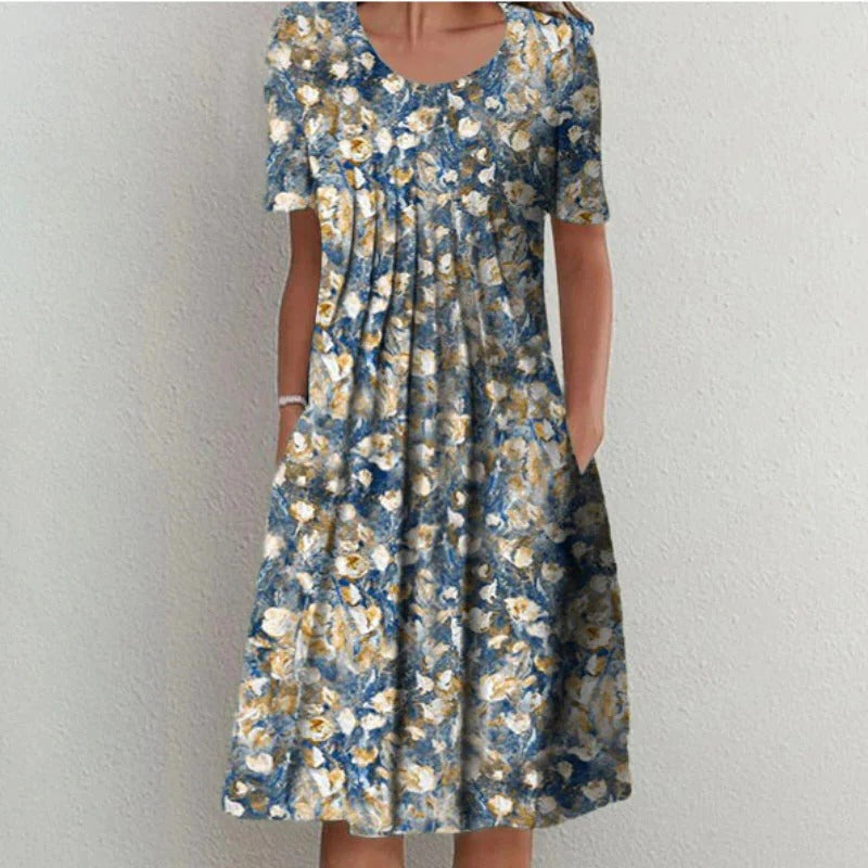 Knee Length Floral Dress with Hidden Side Pockets and Lightweight Fabric