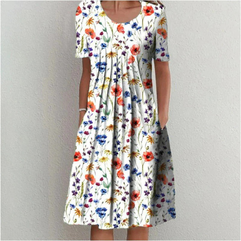 Knee Length Floral Dress with Hidden Side Pockets and Lightweight Fabric