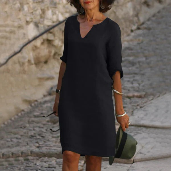 Breathable Cotton Polyester Dress with Relaxed Fit and Three-Quarter Sleeves