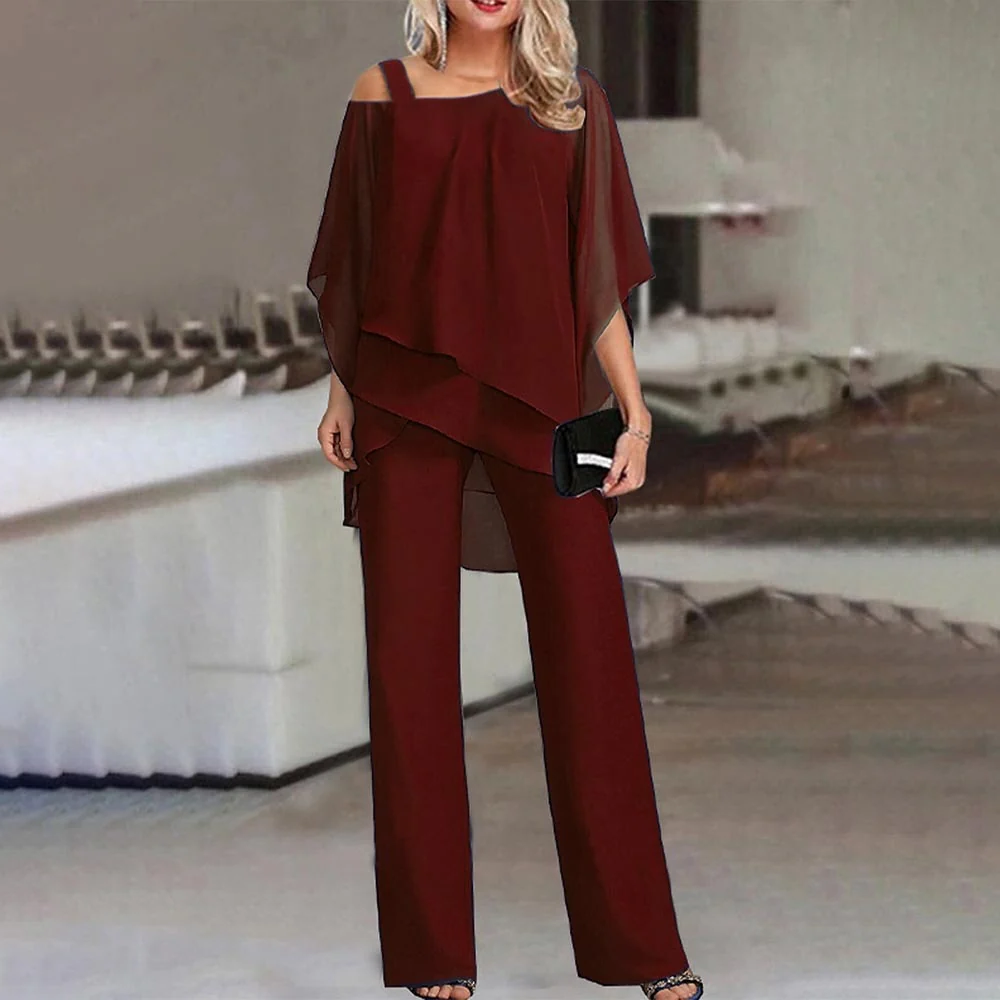 Women's Cold Shoulder Suit with Straight Leg Trousers and Wrinkle Resistant Fabric
