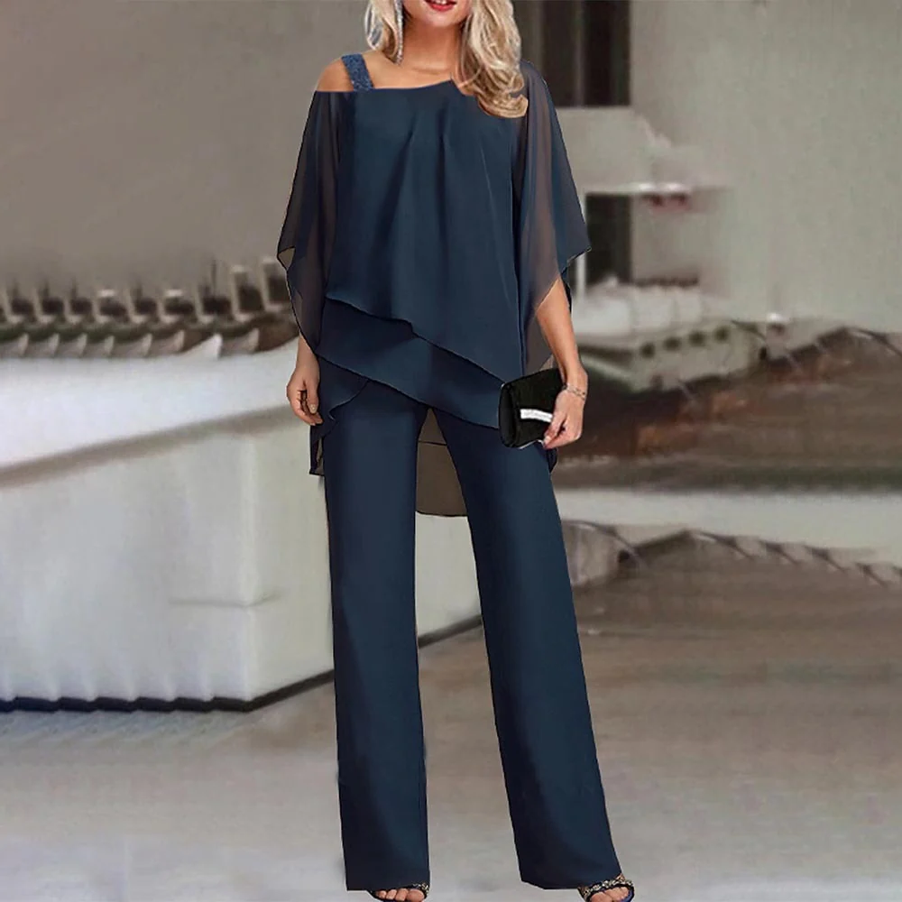 Women's Cold Shoulder Suit with Straight Leg Trousers and Wrinkle Resistant Fabric