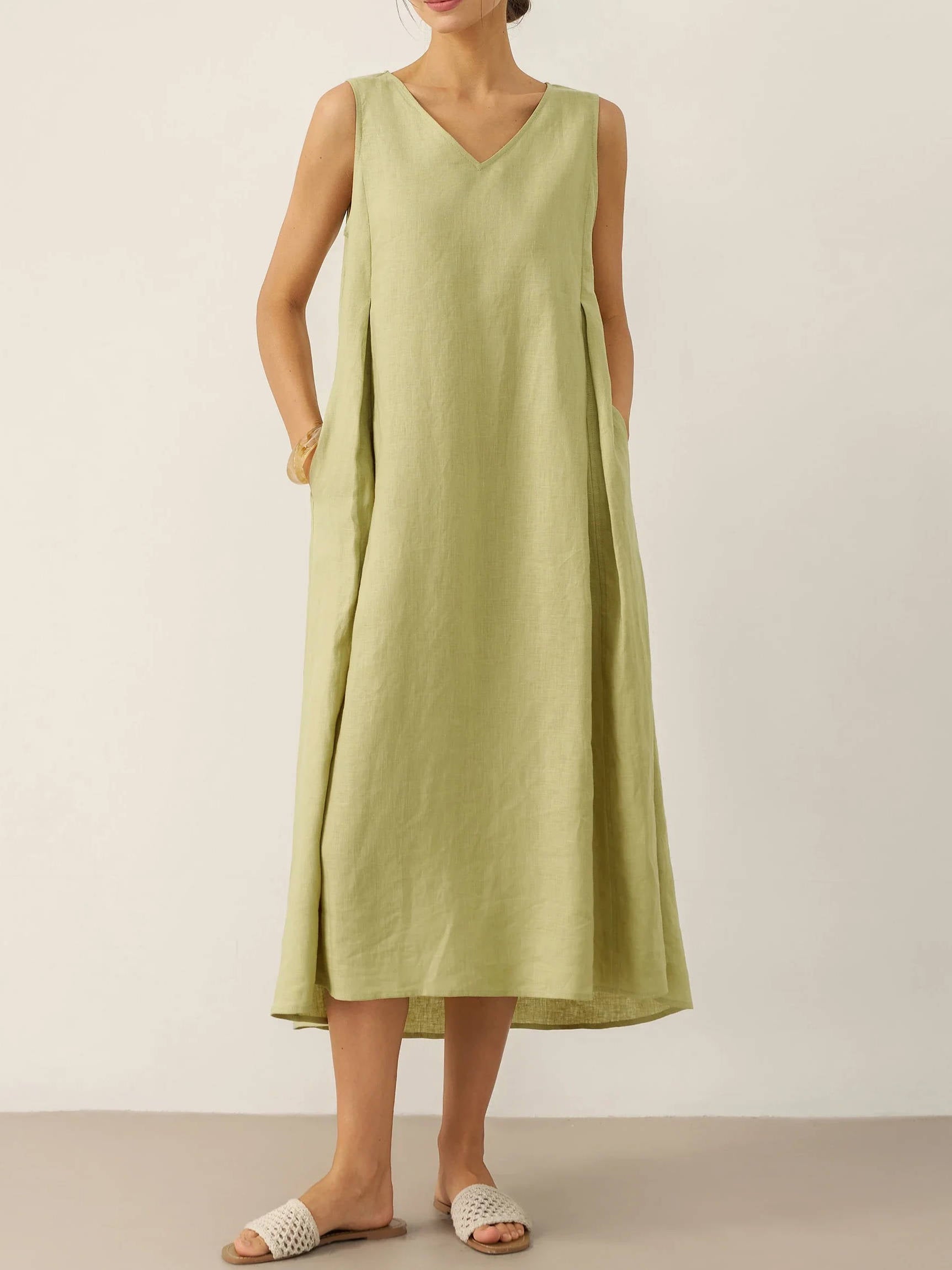 Breathable Pure Linen A Line Maxi Dress with V Neckline and Adjustable Back Tie