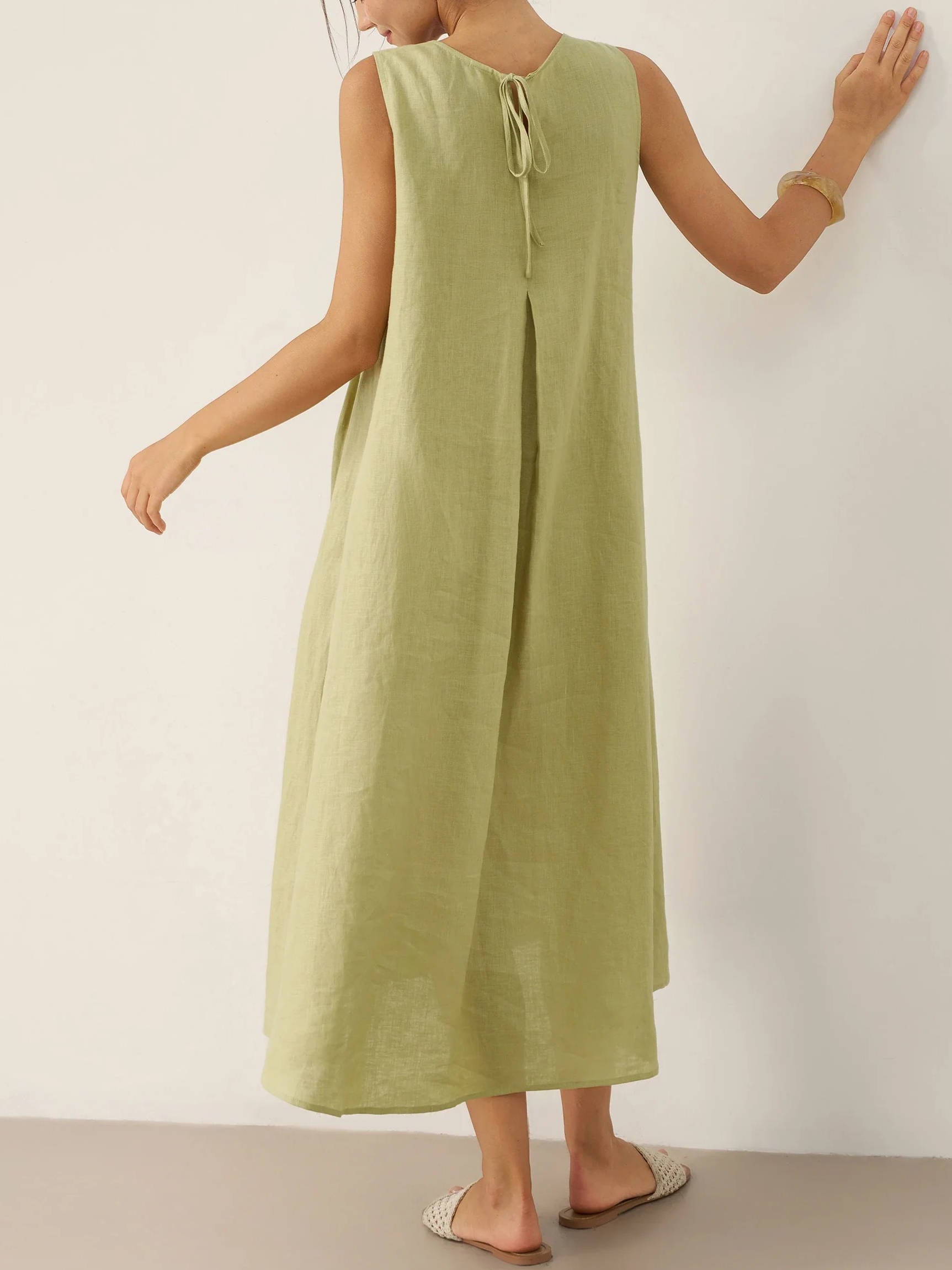 Breathable Pure Linen A Line Maxi Dress with V Neckline and Adjustable Back Tie