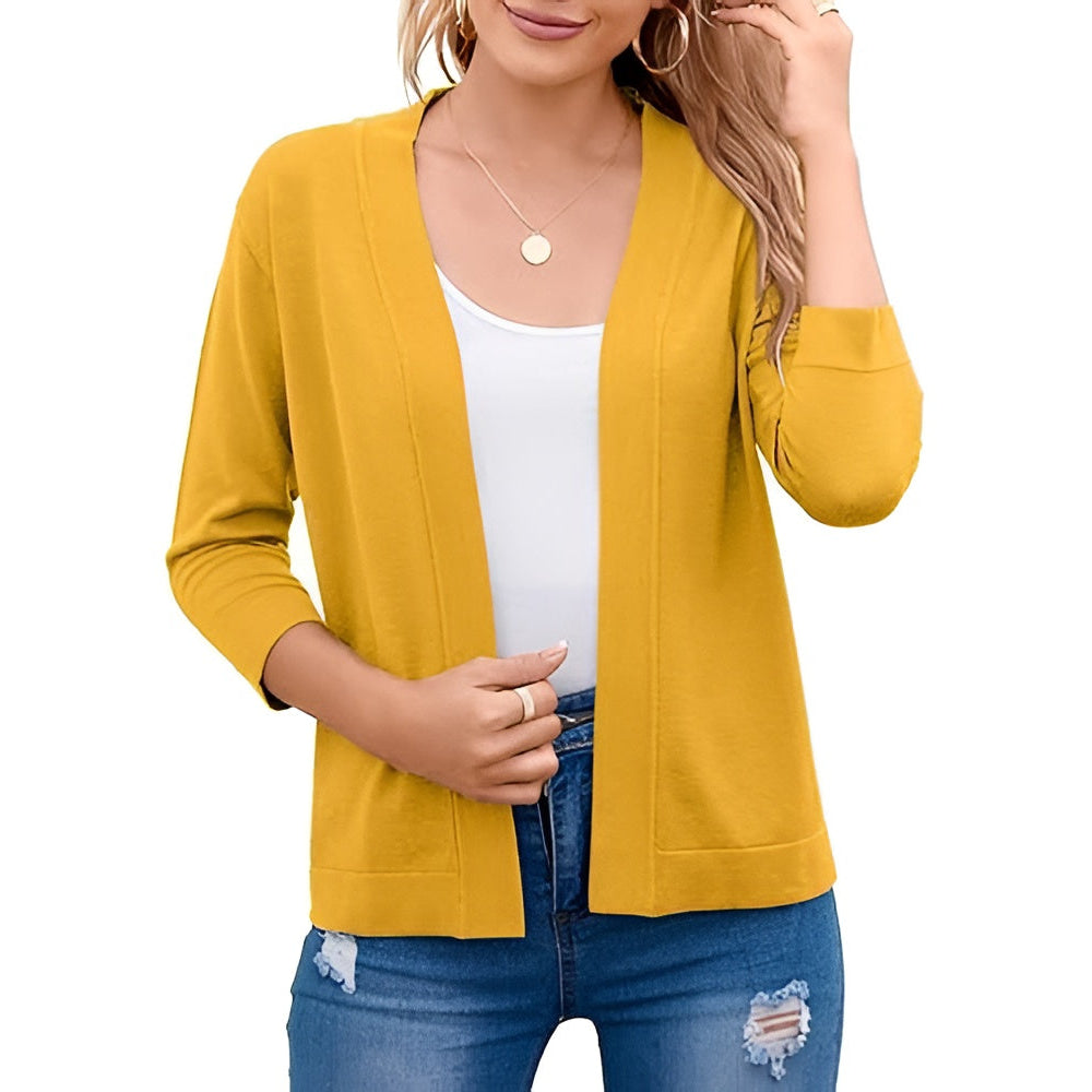 Women's Cropped Cardigan with 3/4 Sleeves and Open Front, Viscose Nylon Blend