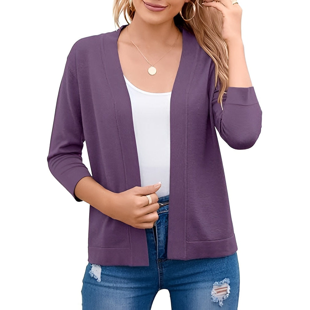 Women's Cropped Cardigan with 3/4 Sleeves and Open Front, Viscose Nylon Blend