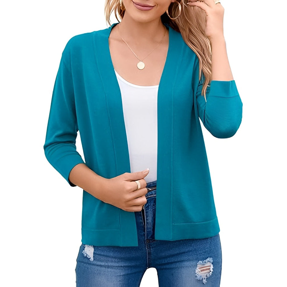 Women's Cropped Cardigan with 3/4 Sleeves and Open Front, Viscose Nylon Blend