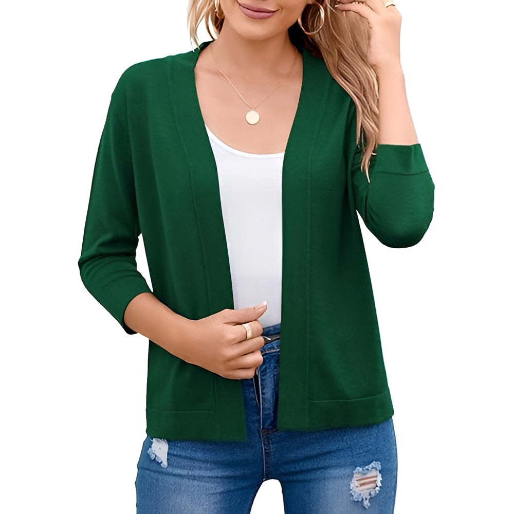 Women's Cropped Cardigan with 3/4 Sleeves and Open Front, Viscose Nylon Blend