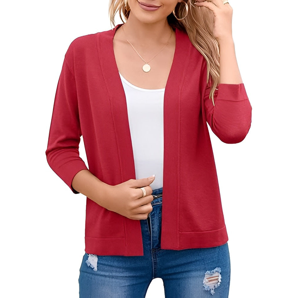 Women's Cropped Cardigan with 3/4 Sleeves and Open Front, Viscose Nylon Blend