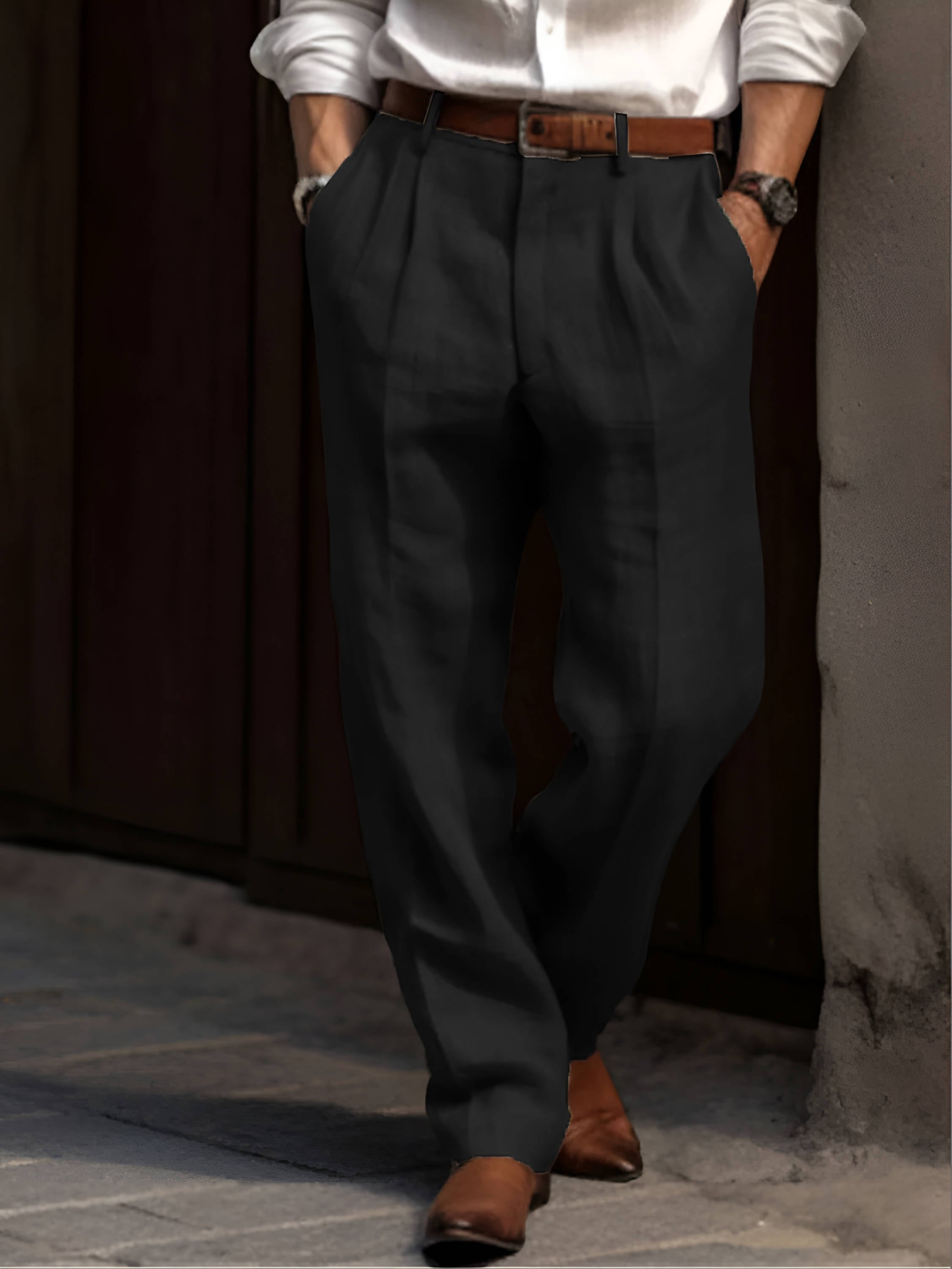 Men's Pleated Cotton Linen Pants with Elastic Waist and Reinforced Seams