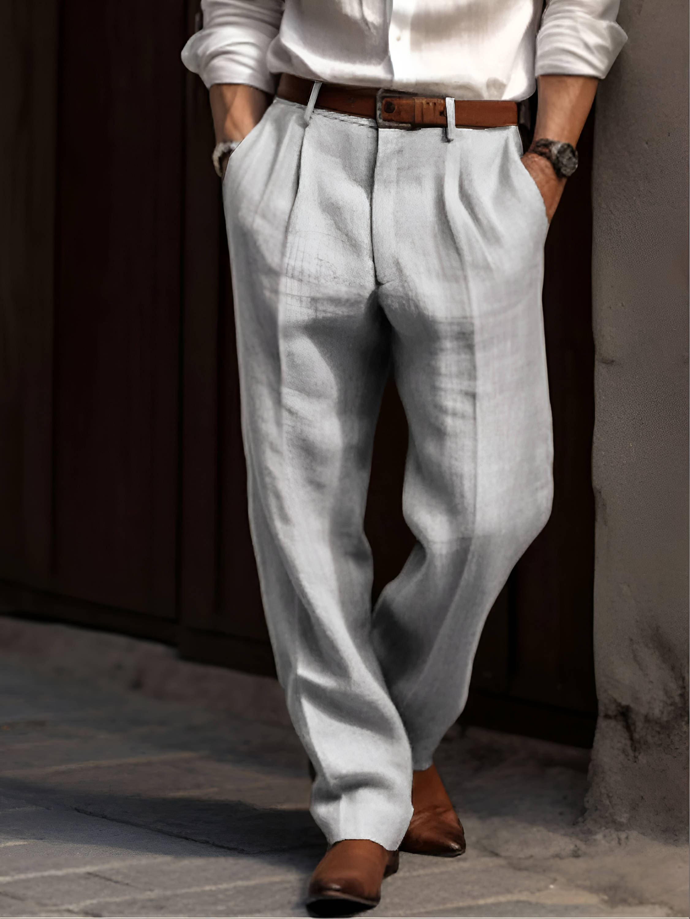 Men's Pleated Cotton Linen Pants with Elastic Waist and Reinforced Seams