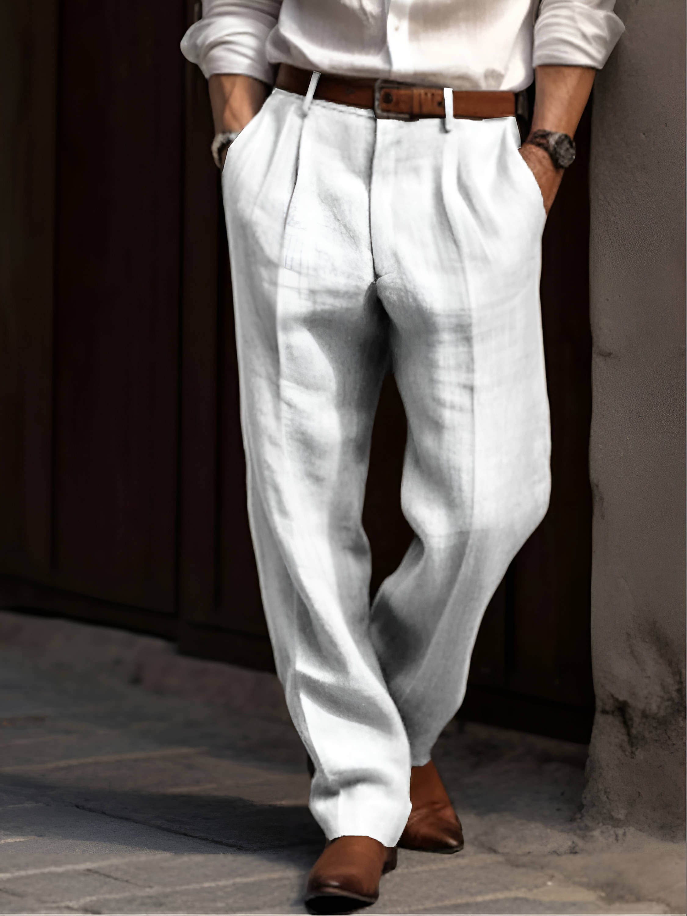 Men's Pleated Cotton Linen Pants with Elastic Waist and Reinforced Seams