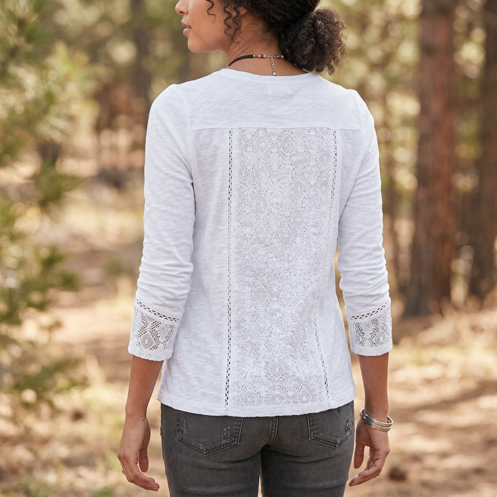 Women's Lace Crew Neck Long Sleeve Shirt with Relaxed Fit