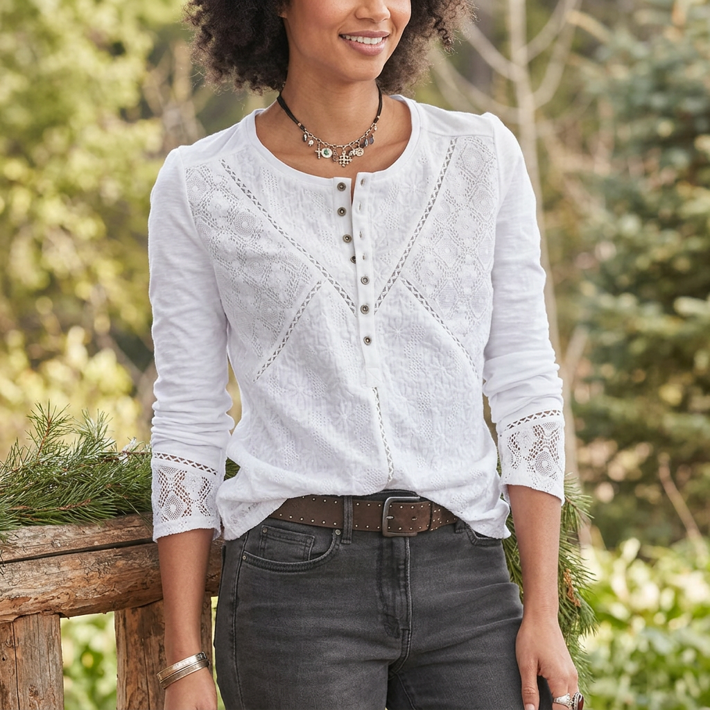 Women's Lace Crew Neck Long Sleeve Shirt with Relaxed Fit