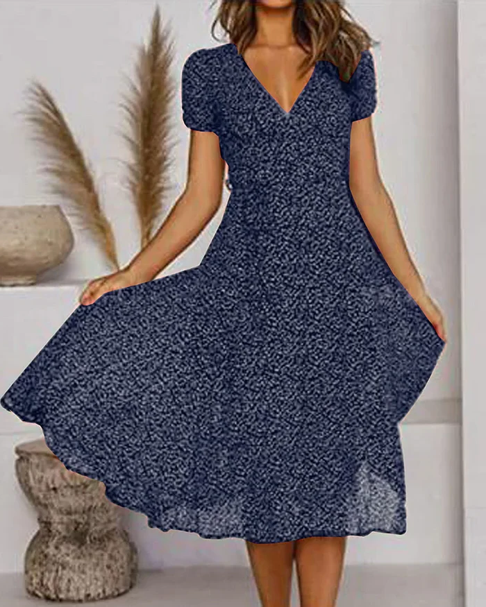 Women's Chiffon Dress with V-Neckline and Floral Print, Loose Fit