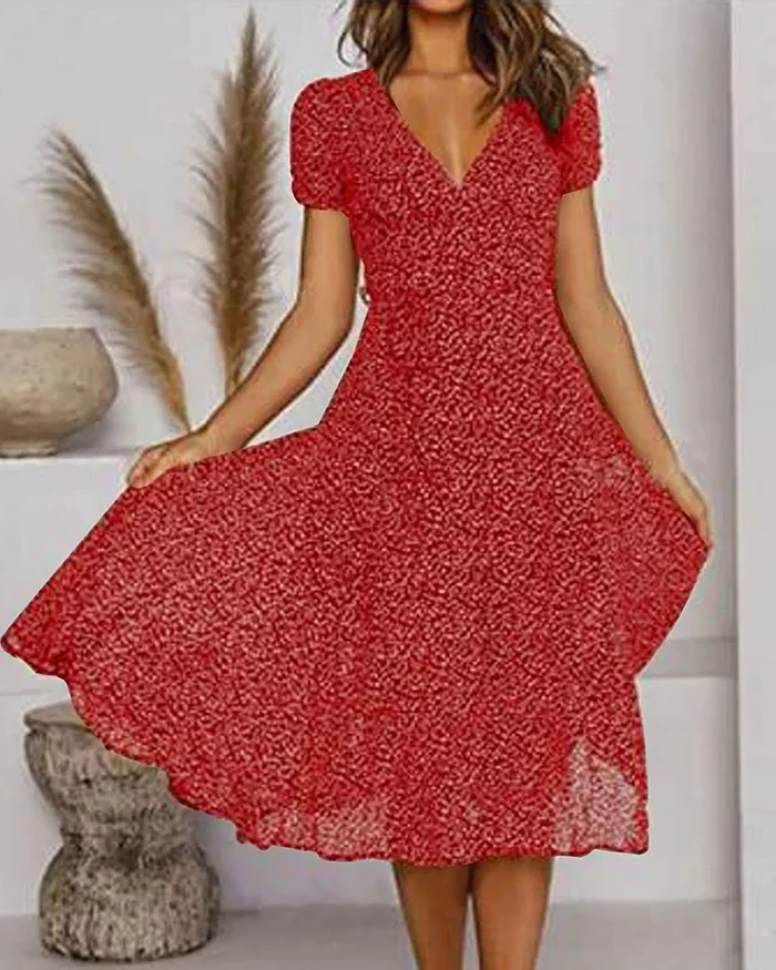 Women's Chiffon Dress with V-Neckline and Floral Print, Loose Fit