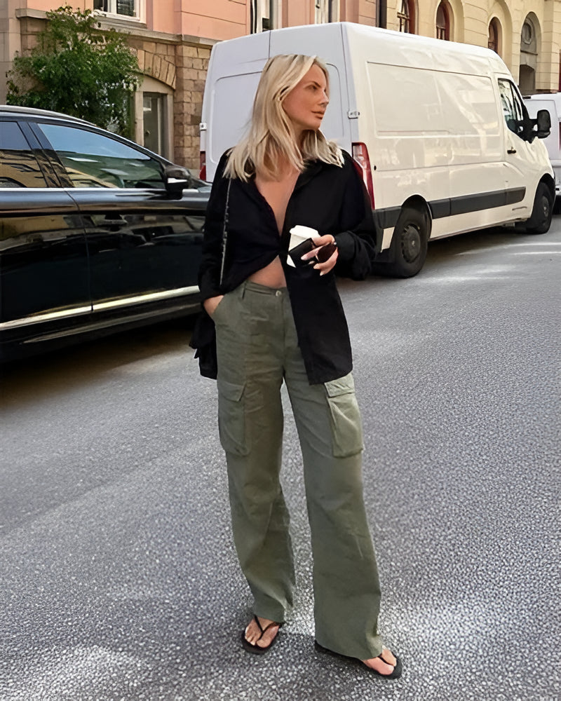Cotton Blend Cargo Pants with Adjustable Waist Belt and Multiple Pockets