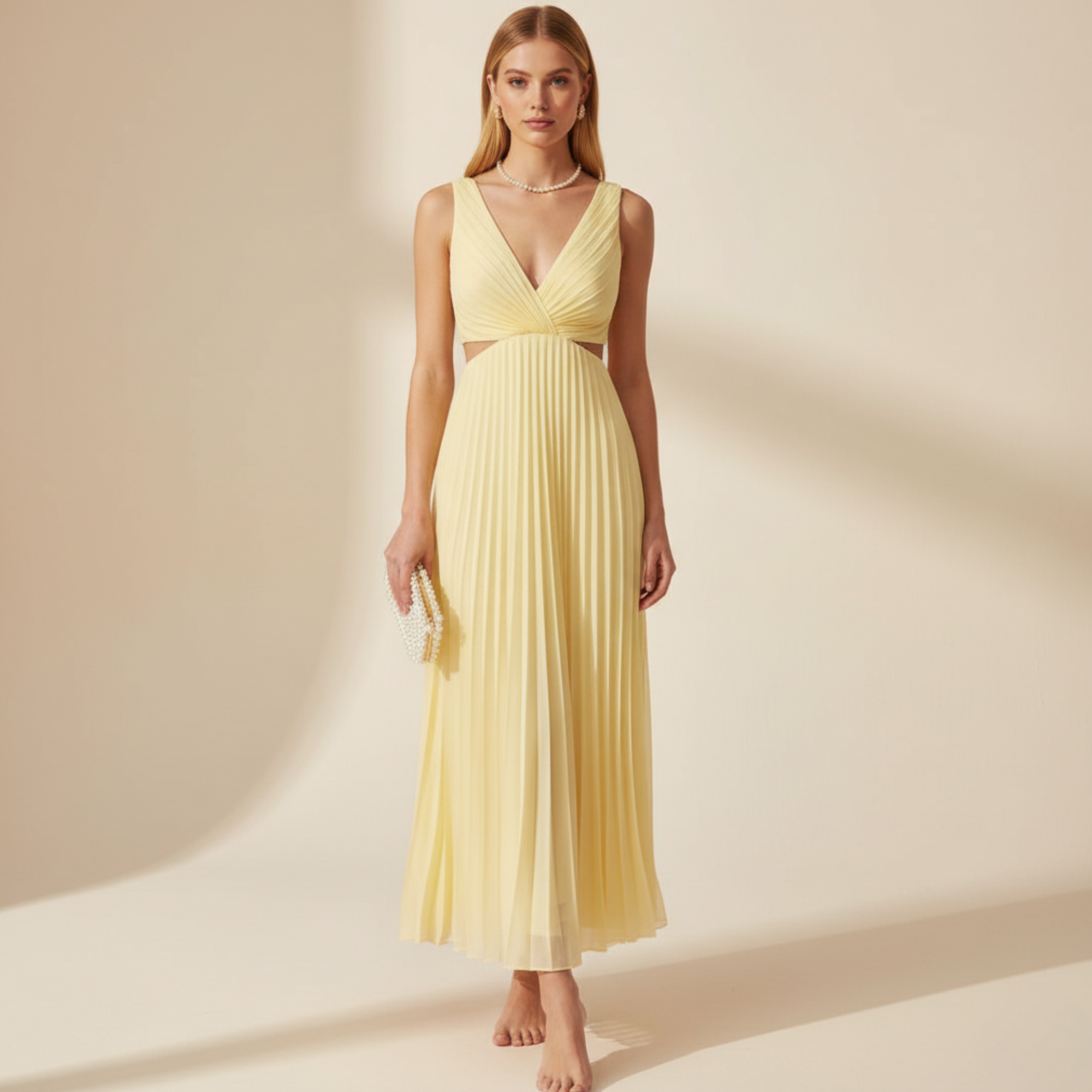 Ankle-Length Maxi Dress with Deep V Neckline and Pleated High Waist, Breathable Fabric