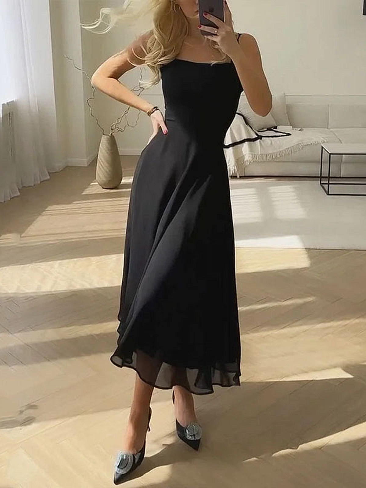 Sleeveless Maxi Dress with Square Neckline and Lightweight Woven Polyester