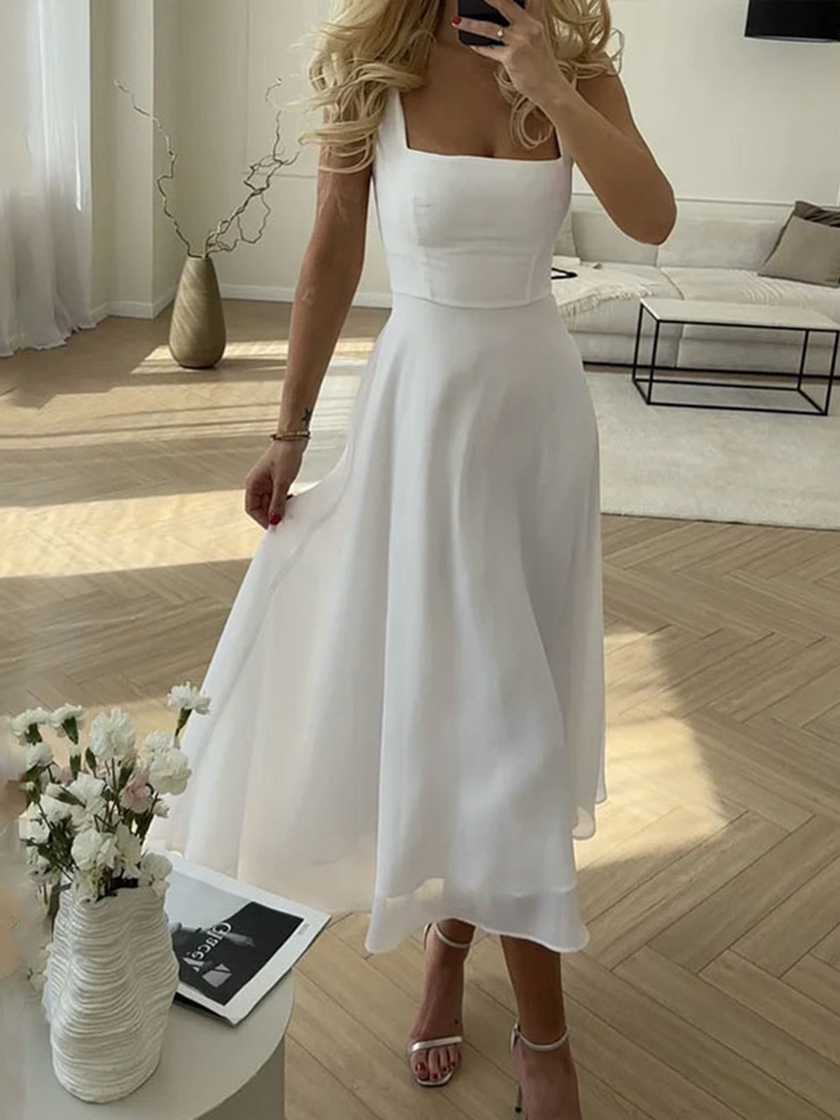 Sleeveless Maxi Dress with Square Neckline and Lightweight Woven Polyester