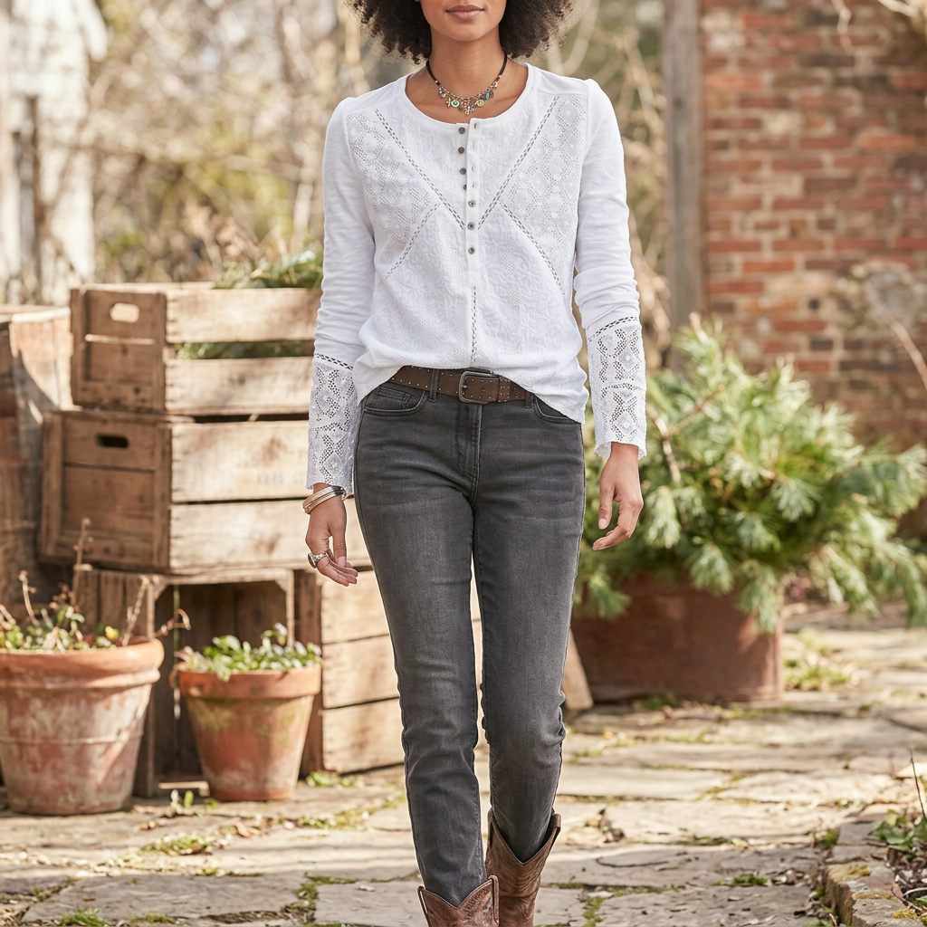 Women's Lace Crew Neck Long Sleeve Shirt with Relaxed Fit